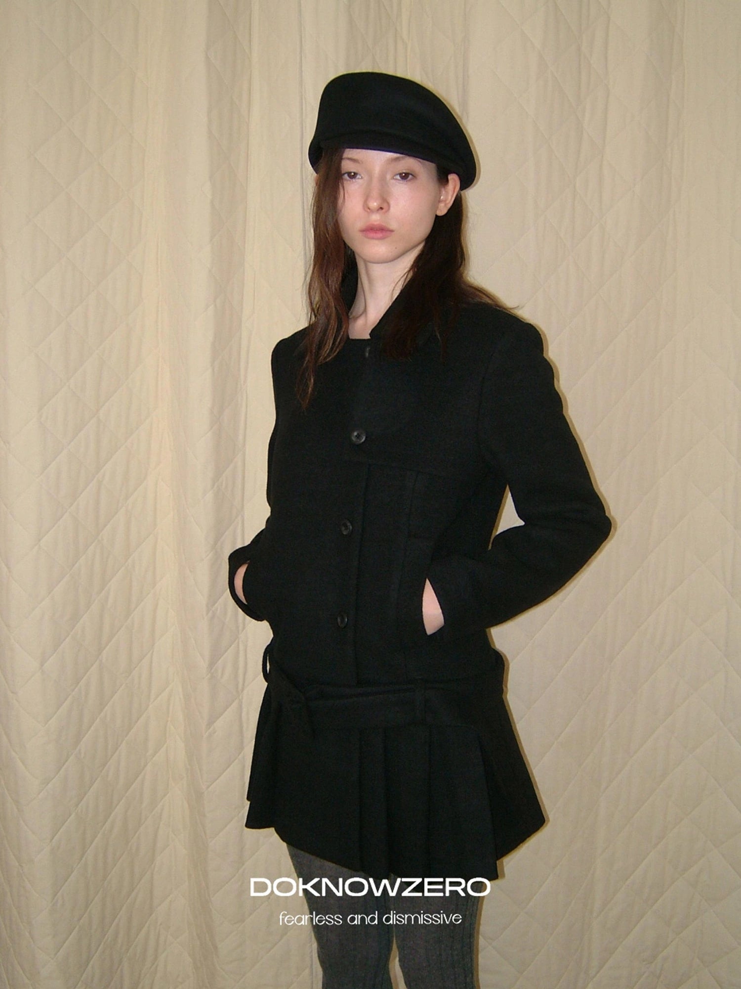 DKZ OFFICIAL Black Retro Patchwork Hem Wool Blend Coat