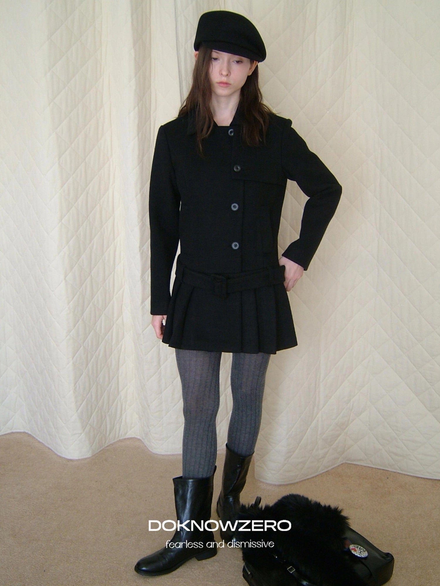 DKZ OFFICIAL Black Retro Patchwork Hem Wool Blend Coat