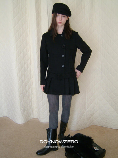 DKZ OFFICIAL Black Retro Patchwork Hem Wool Blend Coat