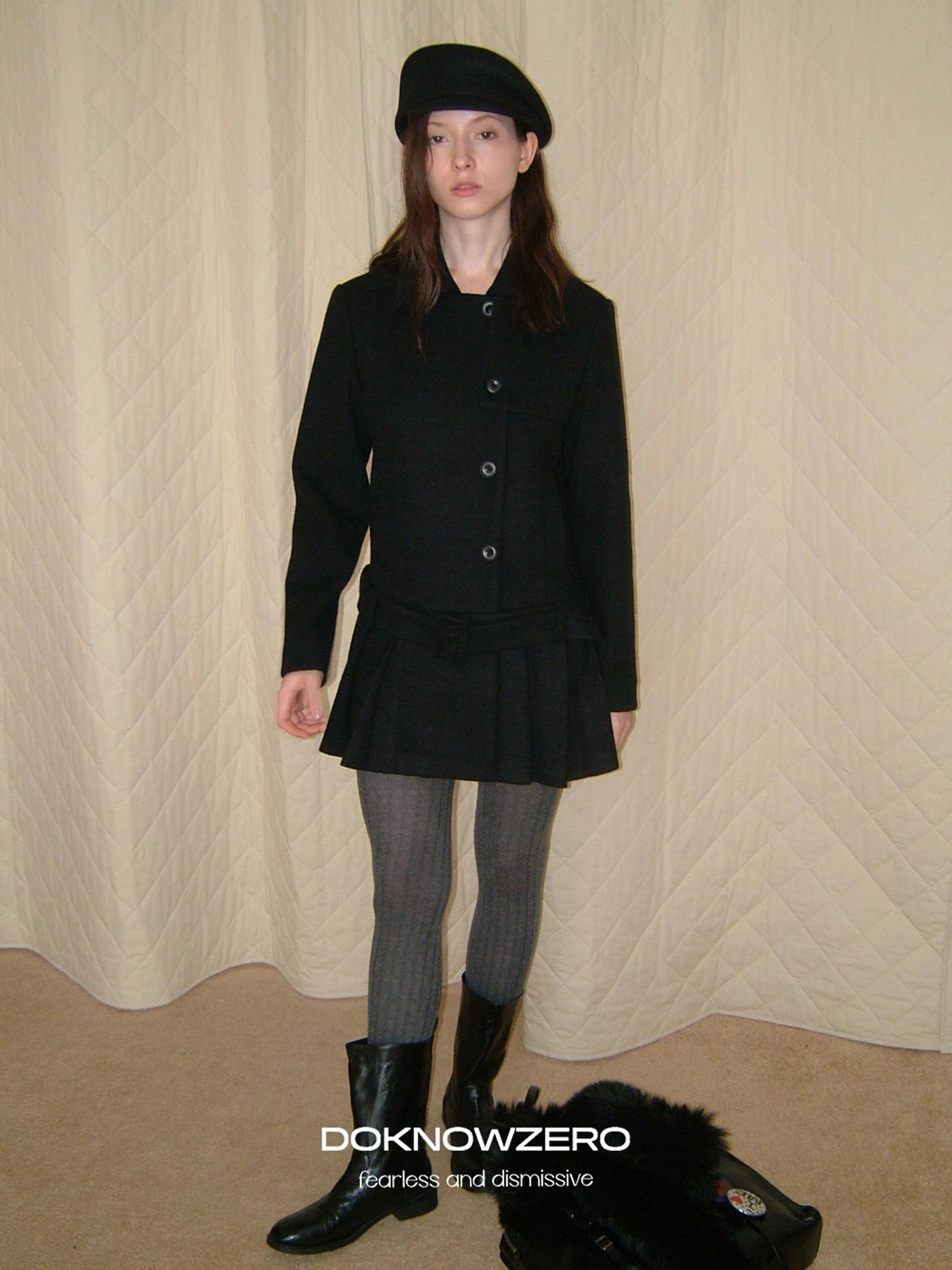DKZ OFFICIAL Black Retro Patchwork Hem Wool Blend Coat