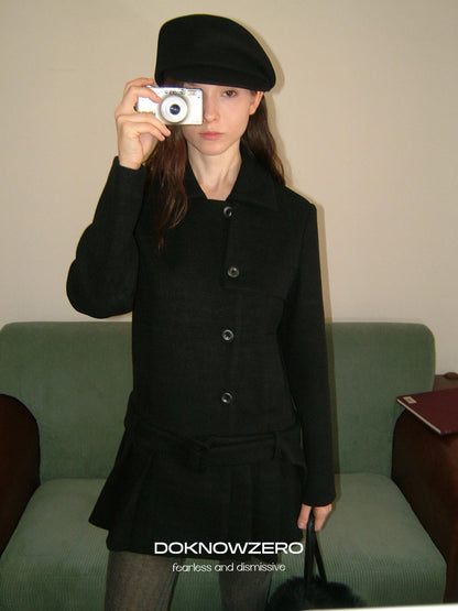 DKZ OFFICIAL Black Retro Patchwork Hem Wool Blend Coat