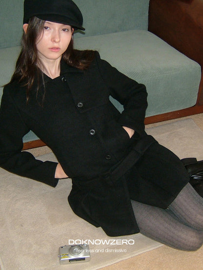 DKZ OFFICIAL Black Retro Patchwork Hem Wool Blend Coat