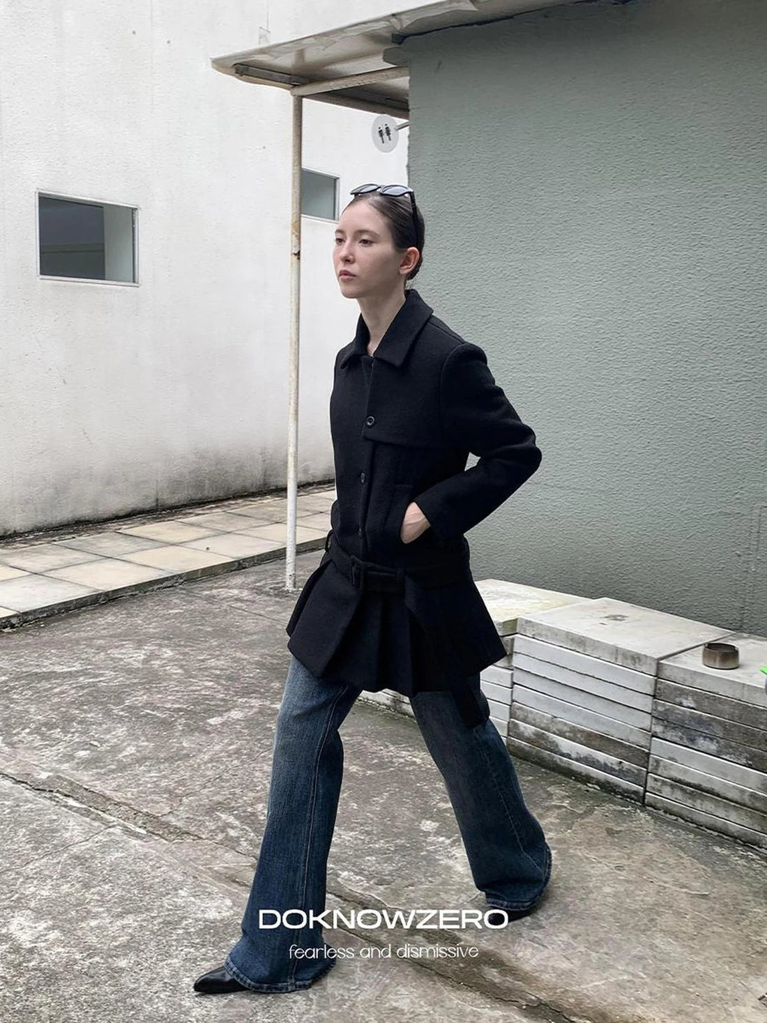 DKZ OFFICIAL Black Retro Patchwork Hem Wool Blend Coat