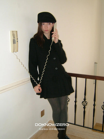 DKZ OFFICIAL Black Retro Patchwork Hem Wool Blend Coat