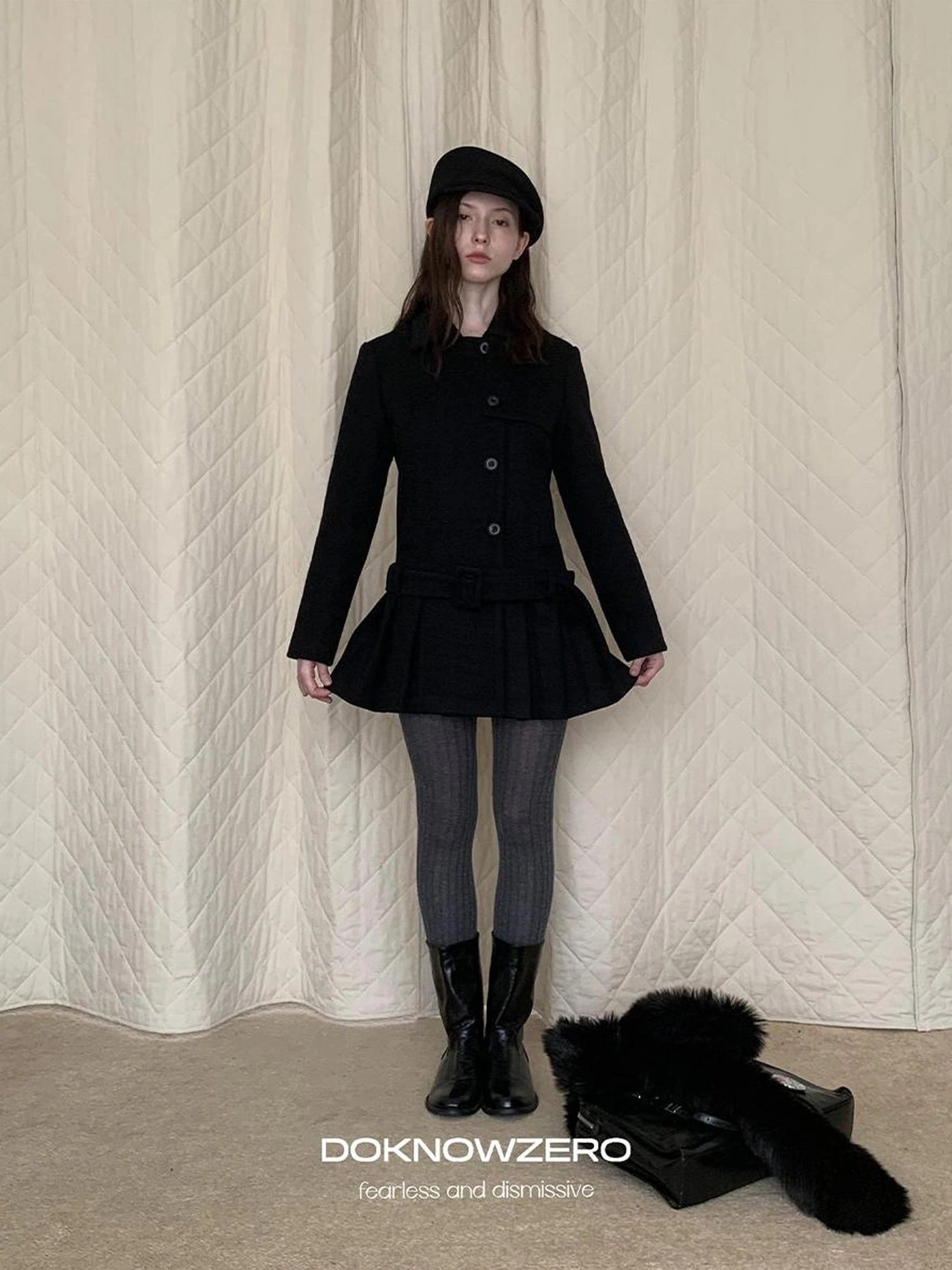DKZ OFFICIAL Black Retro Patchwork Hem Wool Blend Coat