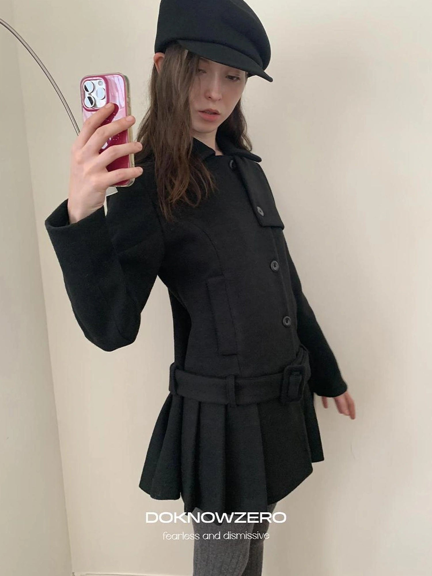 DKZ OFFICIAL Black Retro Patchwork Hem Wool Blend Coat