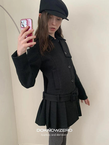 DKZ OFFICIAL Black Retro Patchwork Hem Wool Blend Coat