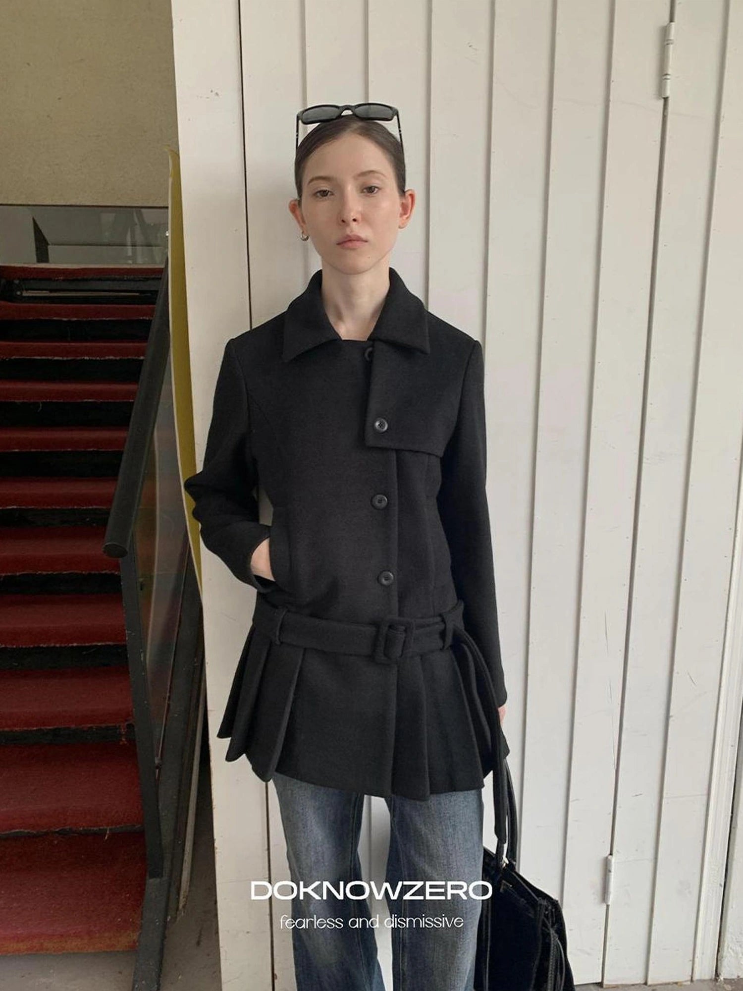 DKZ OFFICIAL Black Retro Patchwork Hem Wool Blend Coat