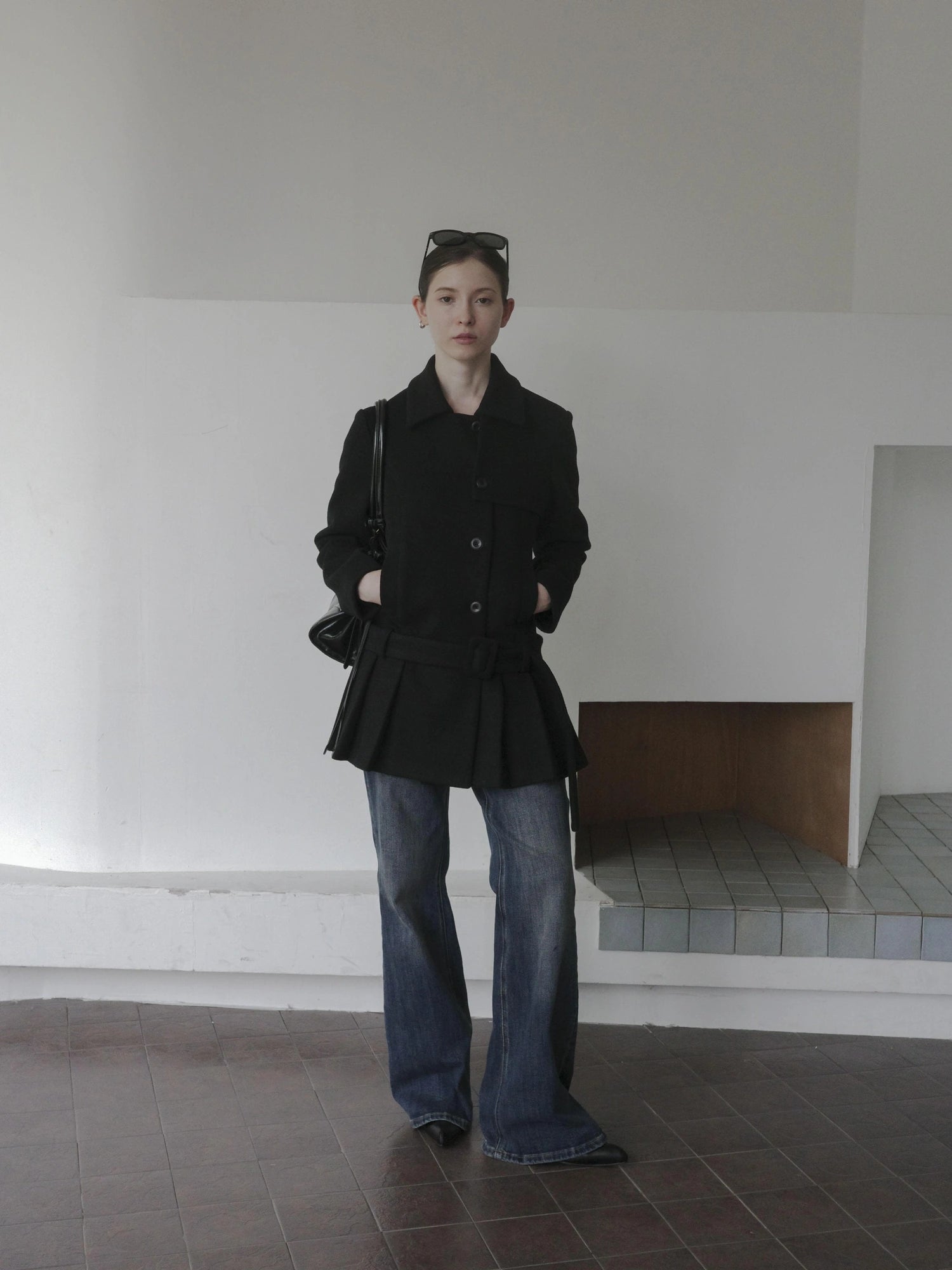 DKZ OFFICIAL Black Retro Patchwork Hem Wool Blend Coat