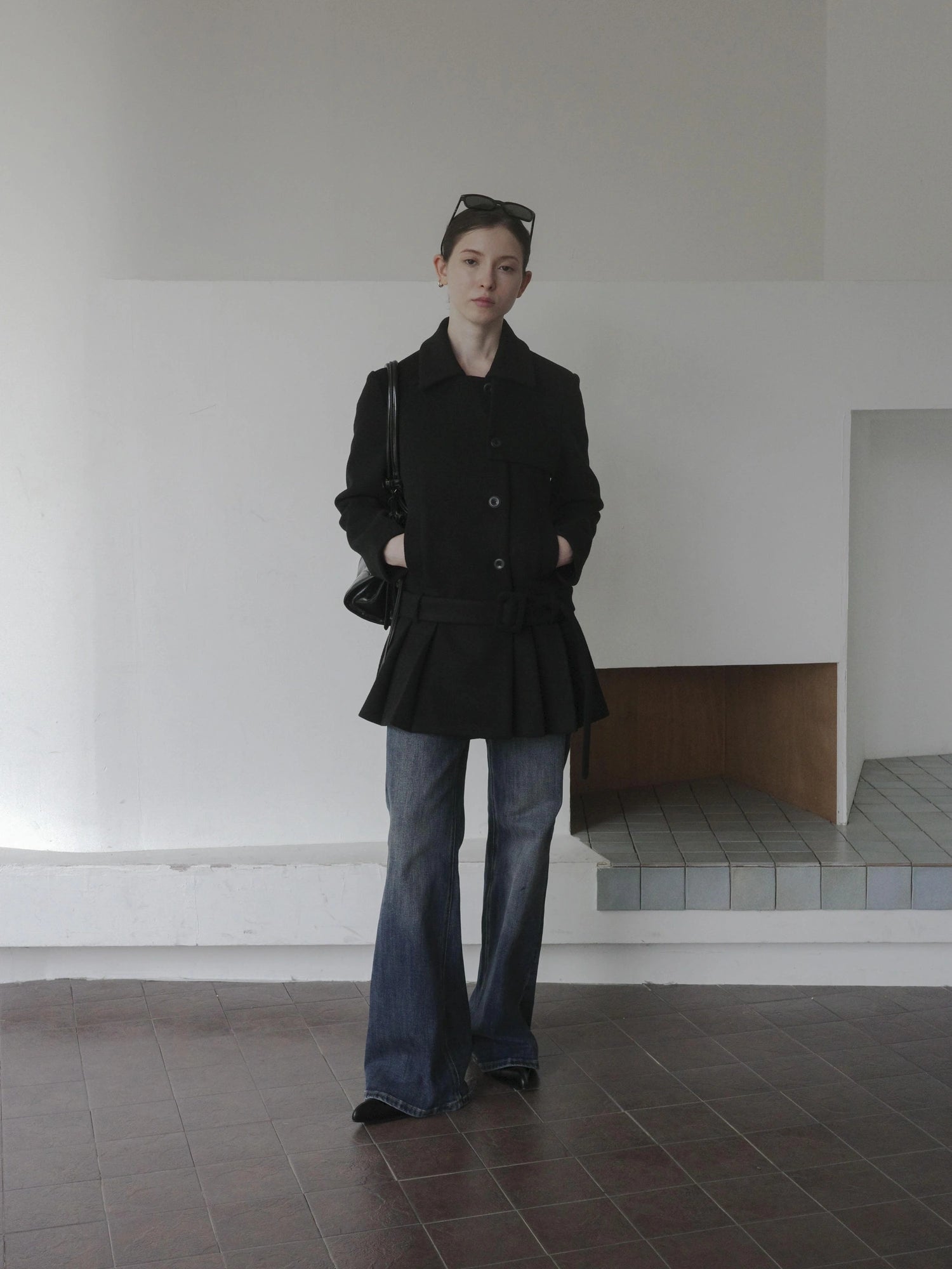 DKZ OFFICIAL Black Retro Patchwork Hem Wool Blend Coat