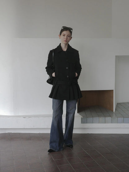 DKZ OFFICIAL Black Retro Patchwork Hem Wool Blend Coat