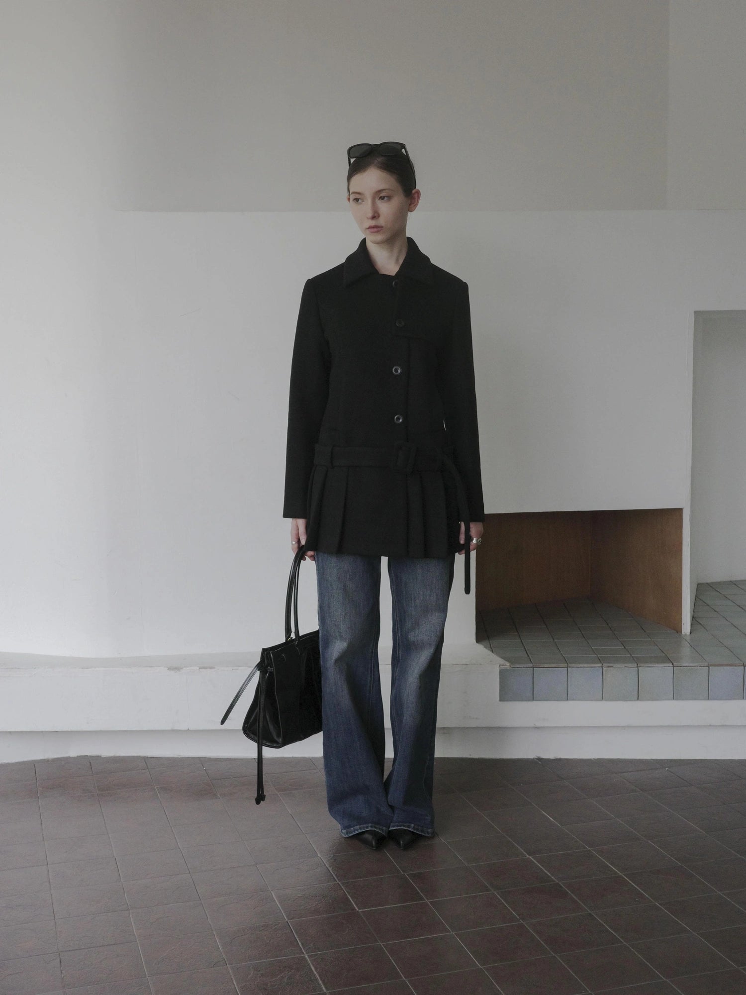 DKZ OFFICIAL Black Retro Patchwork Hem Wool Blend Coat
