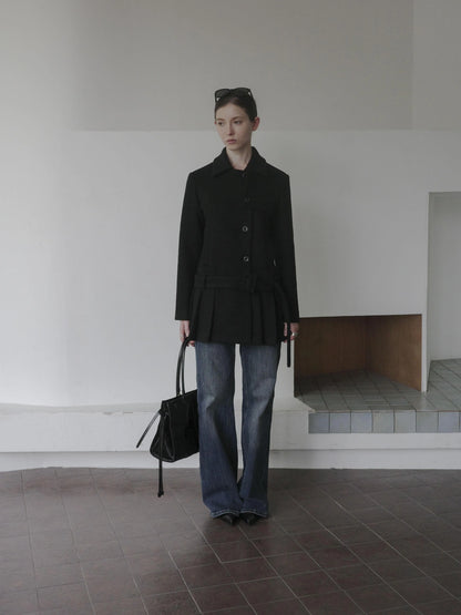 DKZ OFFICIAL Black Retro Patchwork Hem Wool Blend Coat