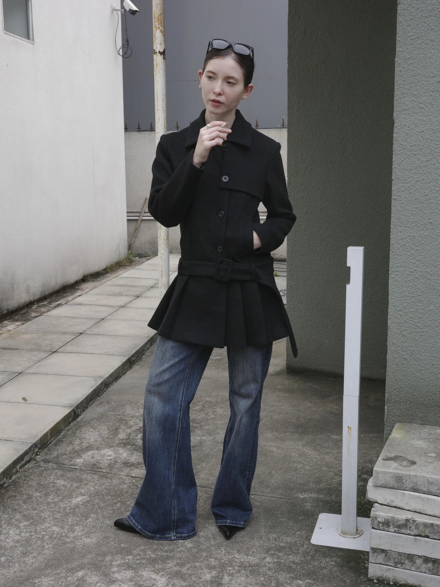 DKZ OFFICIAL Black Retro Patchwork Hem Wool Blend Coat