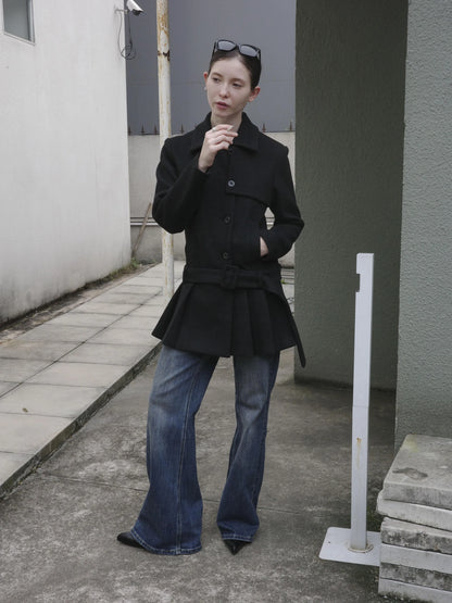 DKZ OFFICIAL Black Retro Patchwork Hem Wool Blend Coat