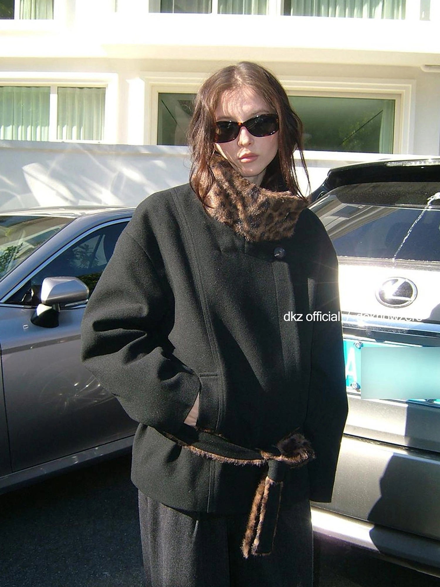 DKZ OFFICIAL Black Stand Collar Leopard Print Quilted Waist Cinching Coat