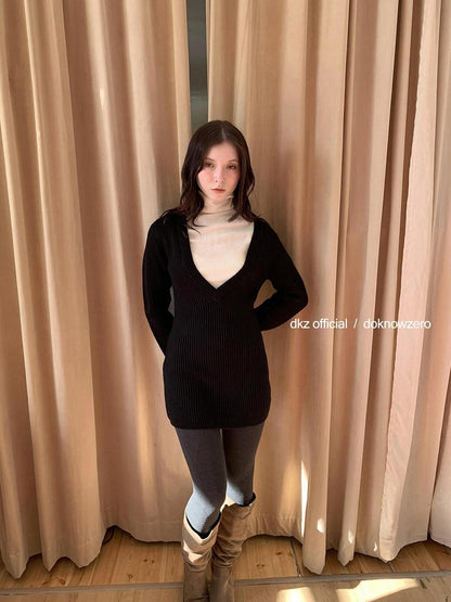 DKZ OFFICIAL Black V-neck Knit Fitted Waist Women&