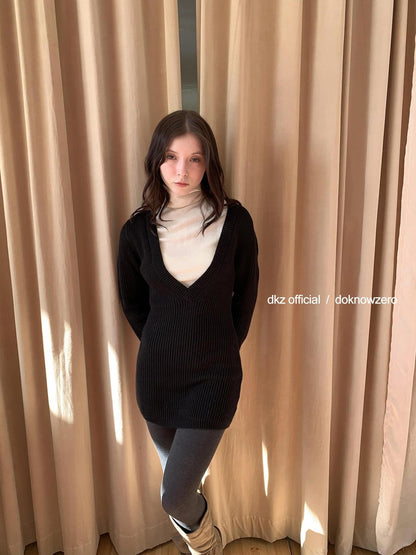 DKZ OFFICIAL Black V-neck Knit Fitted Waist Women&