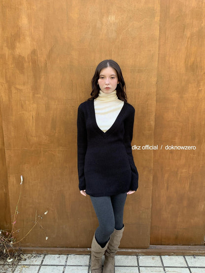 DKZ OFFICIAL Black V-neck Knit Fitted Waist Women&