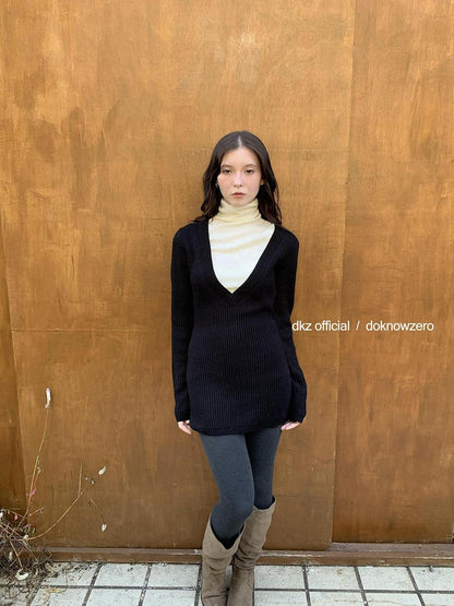 DKZ OFFICIAL Black V-neck Knit Fitted Waist Women&
