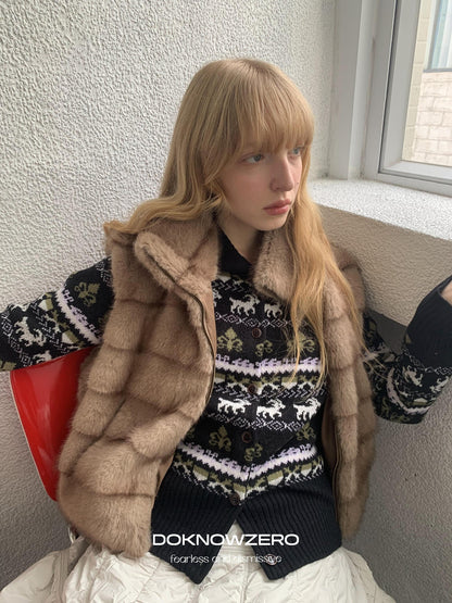 DKZ OFFICIAL Black Vintage High Neck Fair Isle Jacquard Knit Women&