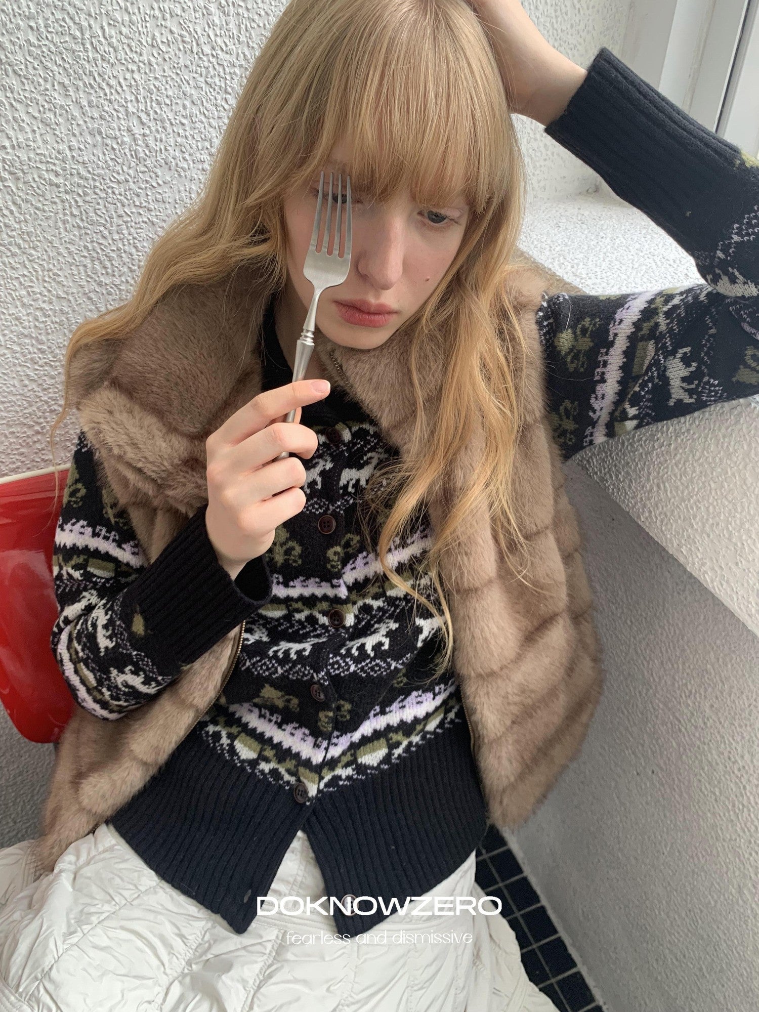 DKZ OFFICIAL Black Vintage High Neck Fair Isle Jacquard Knit Women&