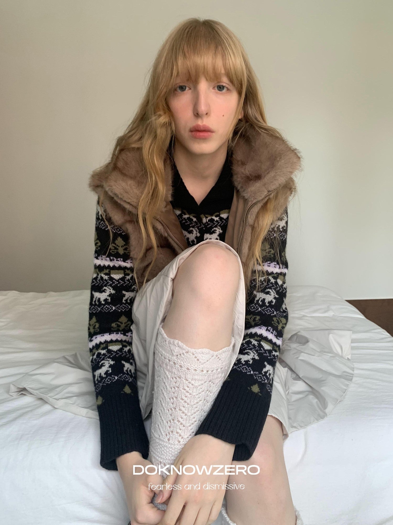 DKZ OFFICIAL Black Vintage High Neck Fair Isle Jacquard Knit Women&