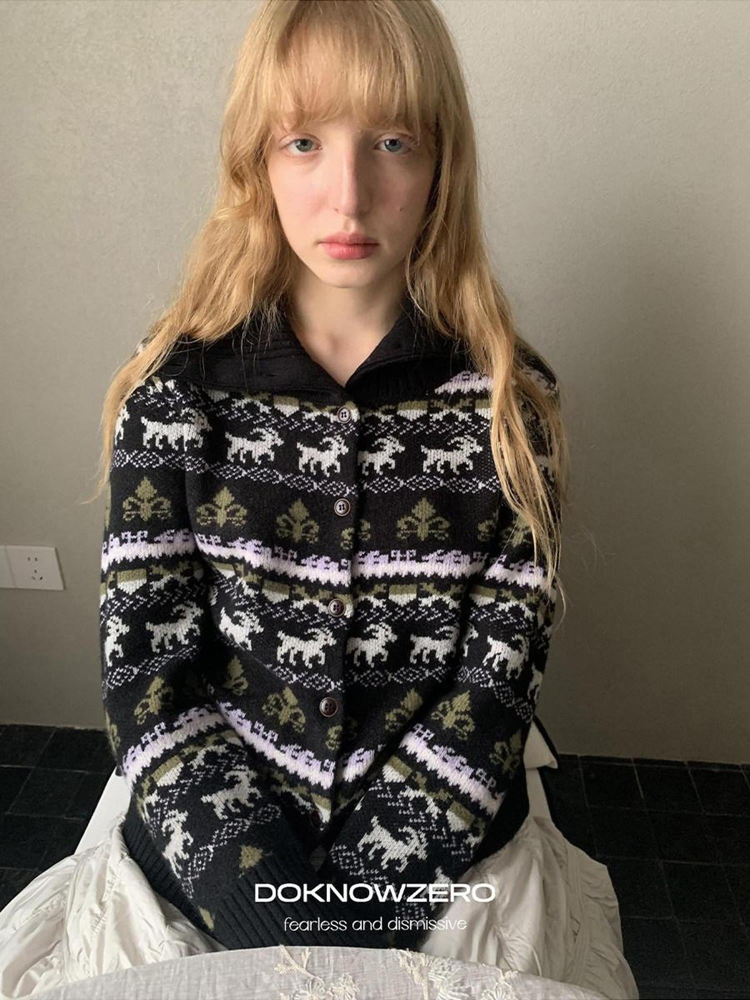 DKZ OFFICIAL Black Vintage High Neck Fair Isle Jacquard Knit Women&