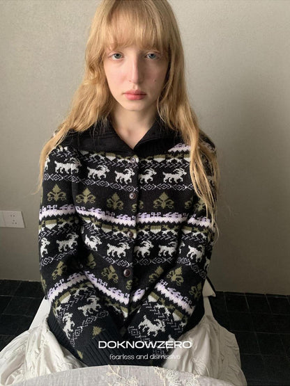 DKZ OFFICIAL Black Vintage High Neck Fair Isle Jacquard Knit Women&