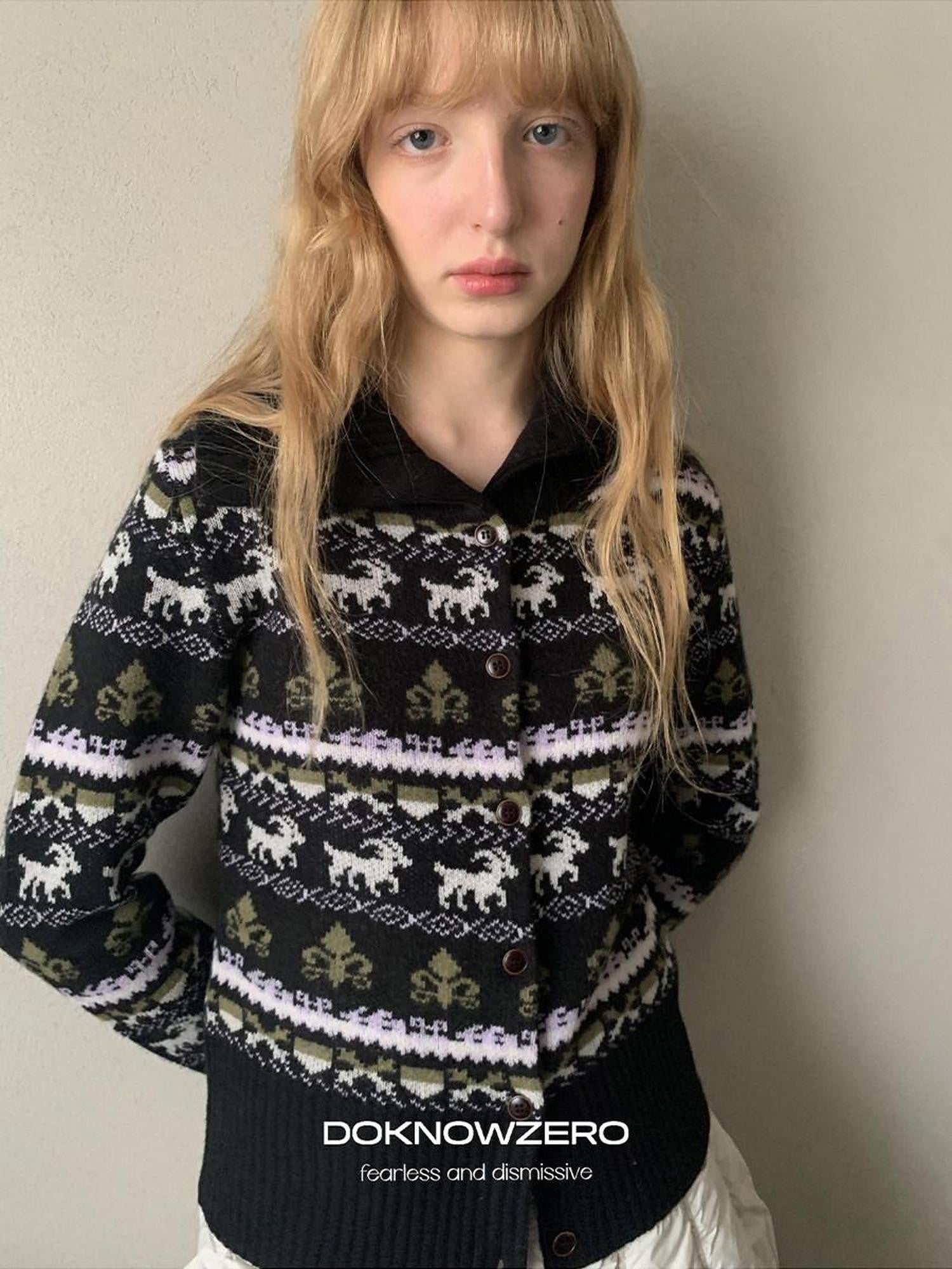 DKZ OFFICIAL Black Vintage High Neck Fair Isle Jacquard Knit Women&