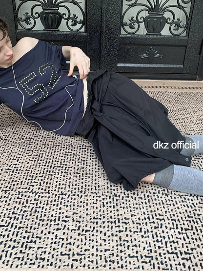 DKZ OFFICIAL Black Waist Tie Pleated Midi Skirt