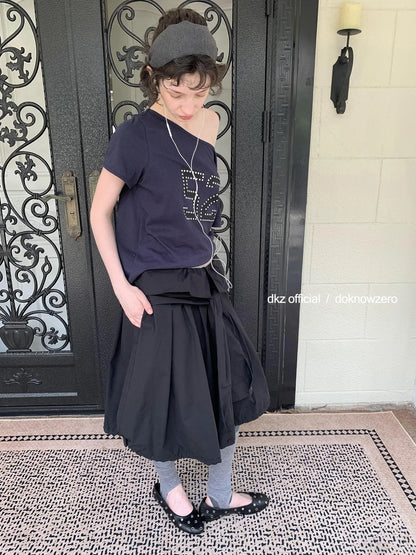 DKZ OFFICIAL Black Waist Tie Pleated Midi Skirt
