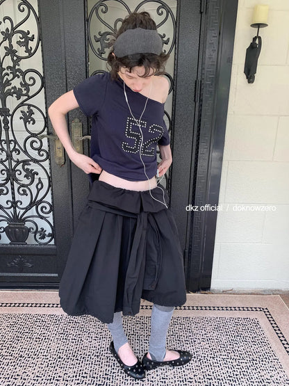 DKZ OFFICIAL Black Waist Tie Pleated Midi Skirt