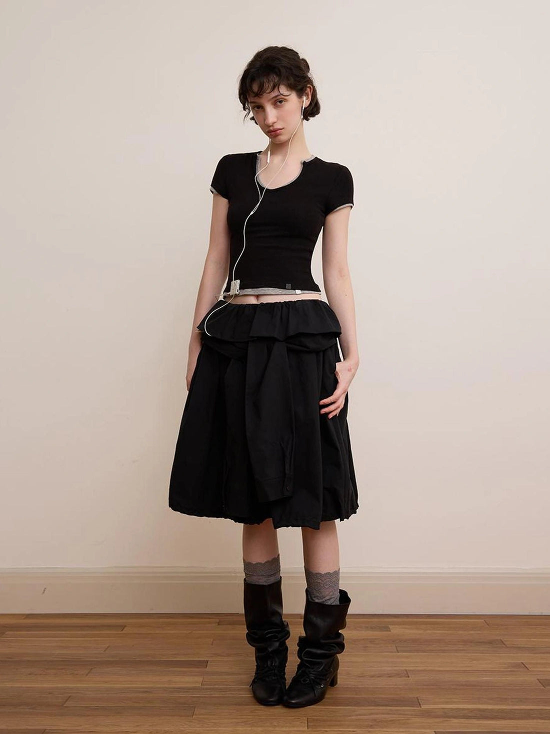 DKZ OFFICIAL Black Waist Tie Pleated Midi Skirt