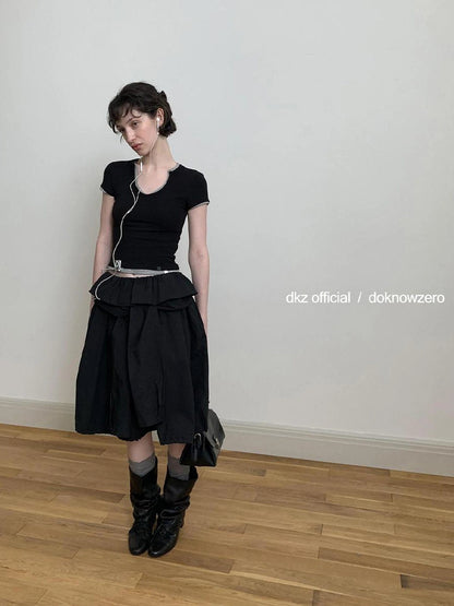 DKZ OFFICIAL Black Waist Tie Pleated Midi Skirt