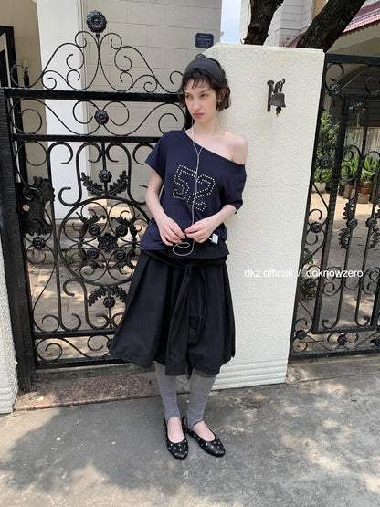 DKZ OFFICIAL Black Waist Tie Pleated Midi Skirt
