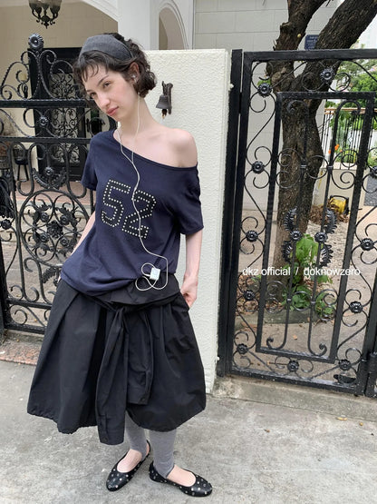 DKZ OFFICIAL Black Waist Tie Pleated Midi Skirt