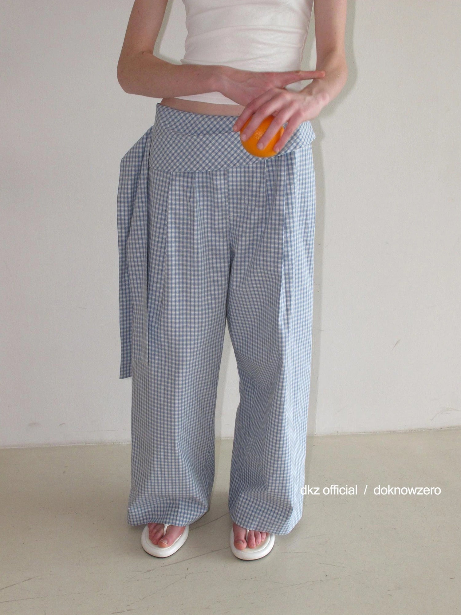 DKZ OFFICIAL Blue Checkered Wide Leg Trousers With Tie Waist