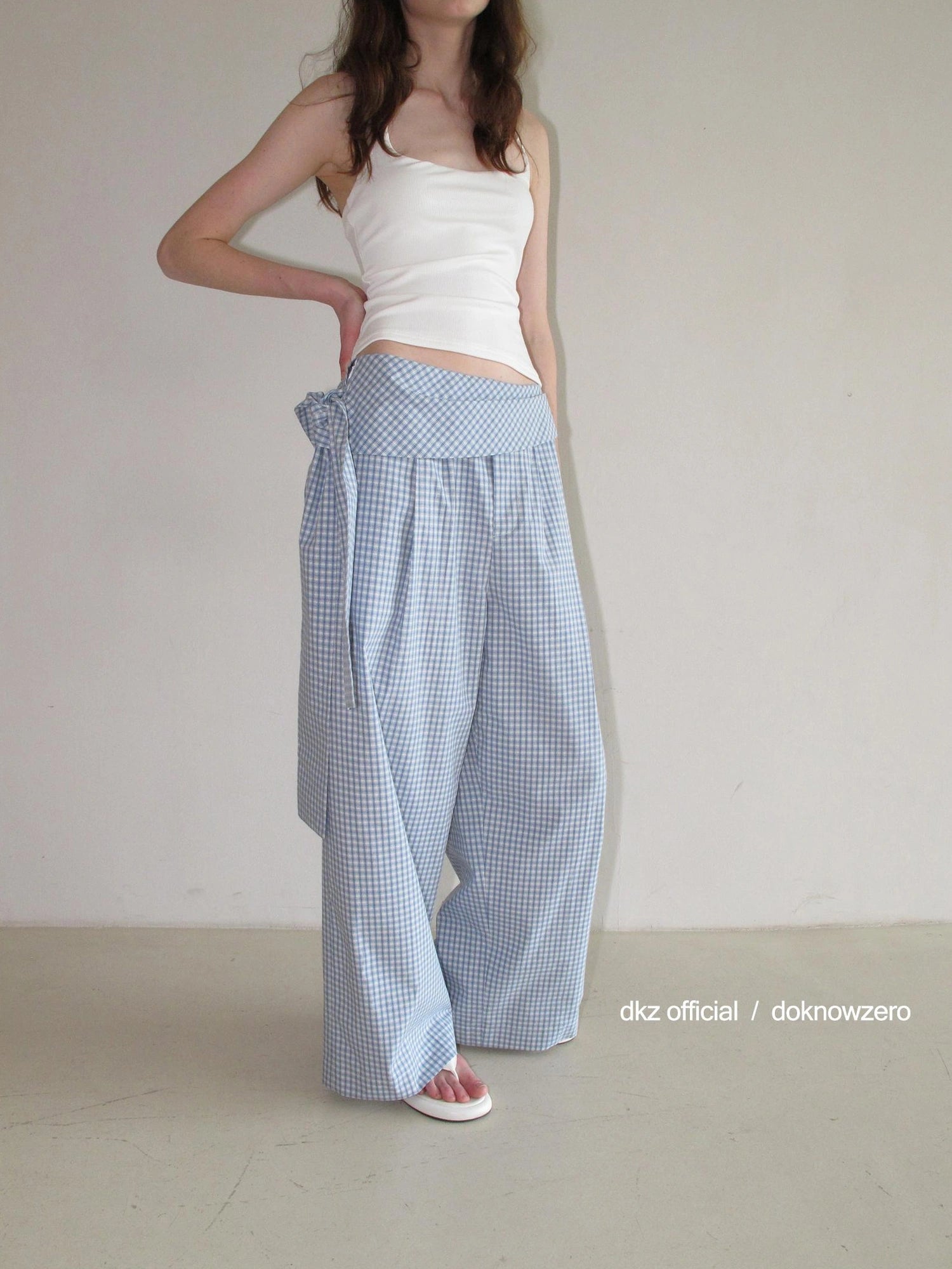 DKZ OFFICIAL Blue Checkered Wide Leg Trousers With Tie Waist