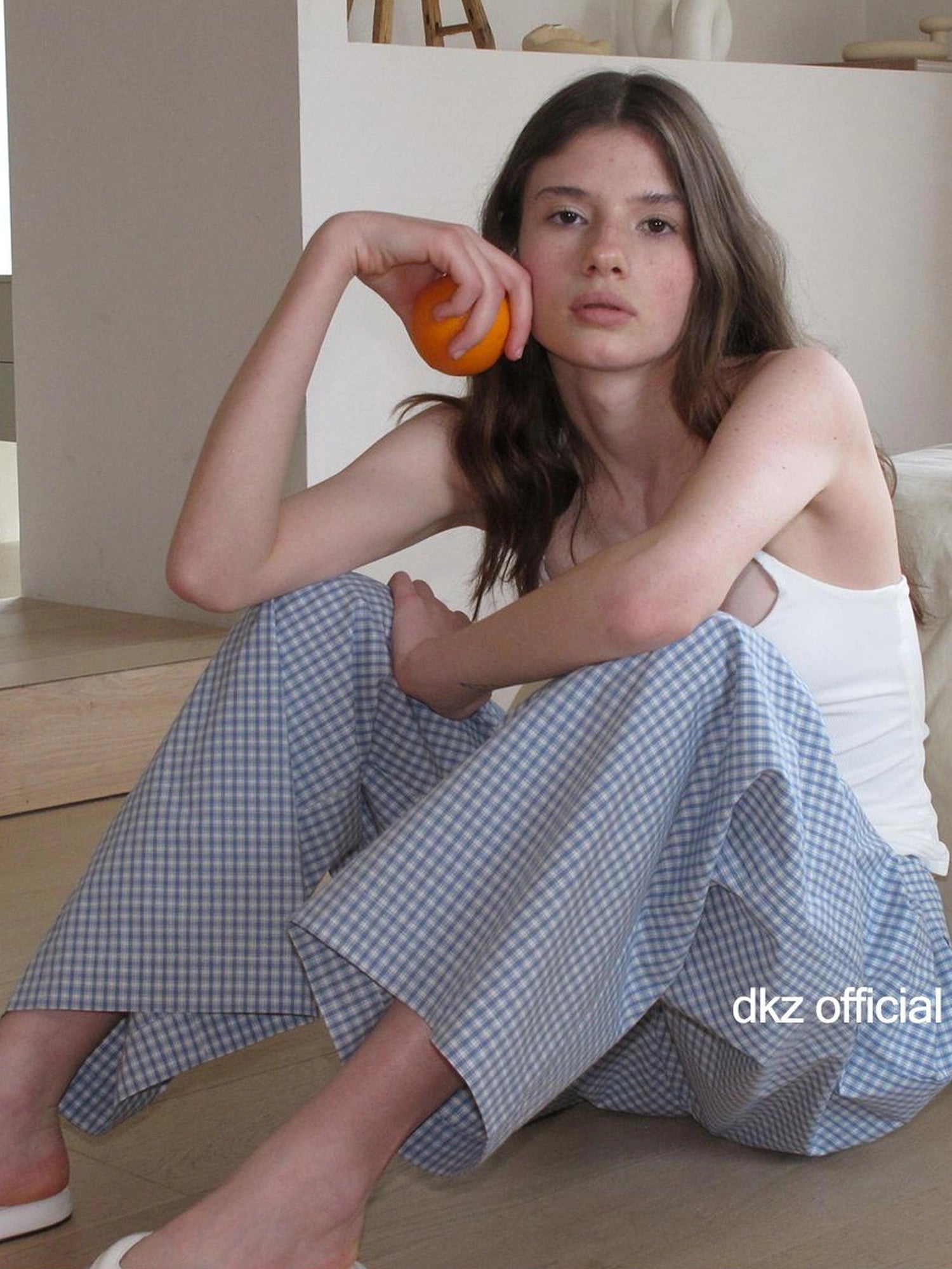 DKZ OFFICIAL Blue Checkered Wide Leg Trousers With Tie Waist