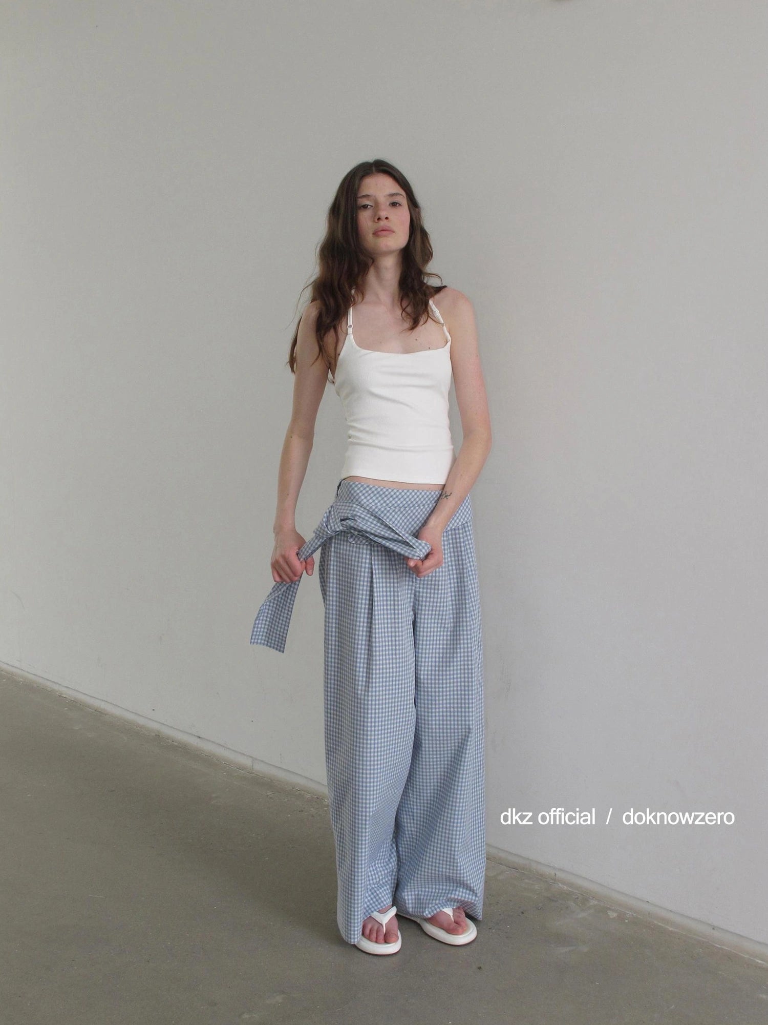 DKZ OFFICIAL Blue Checkered Wide Leg Trousers With Tie Waist