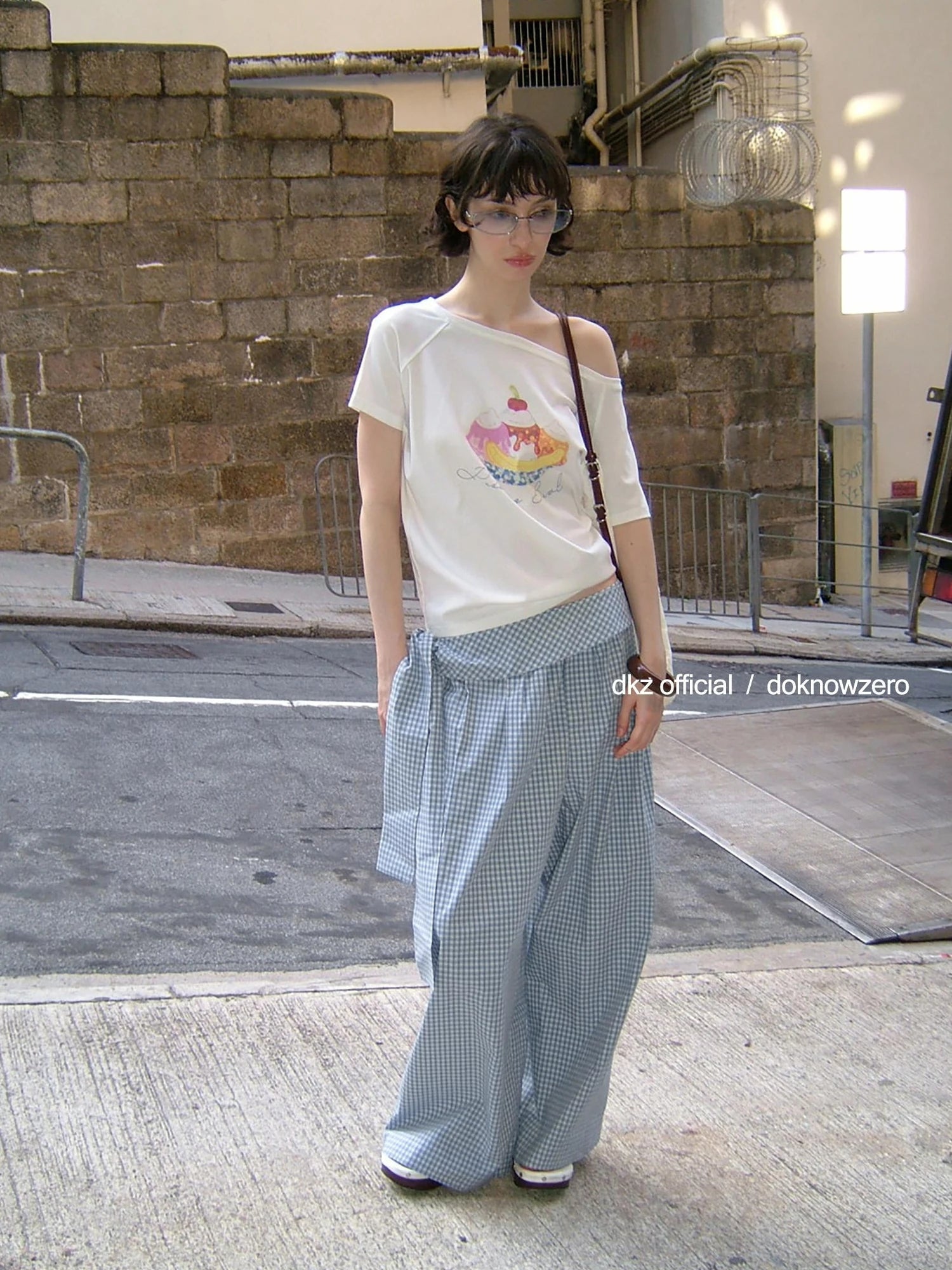 DKZ OFFICIAL Blue Checkered Wide Leg Trousers With Tie Waist