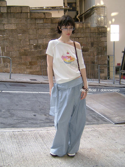DKZ OFFICIAL Blue Checkered Wide Leg Trousers With Tie Waist