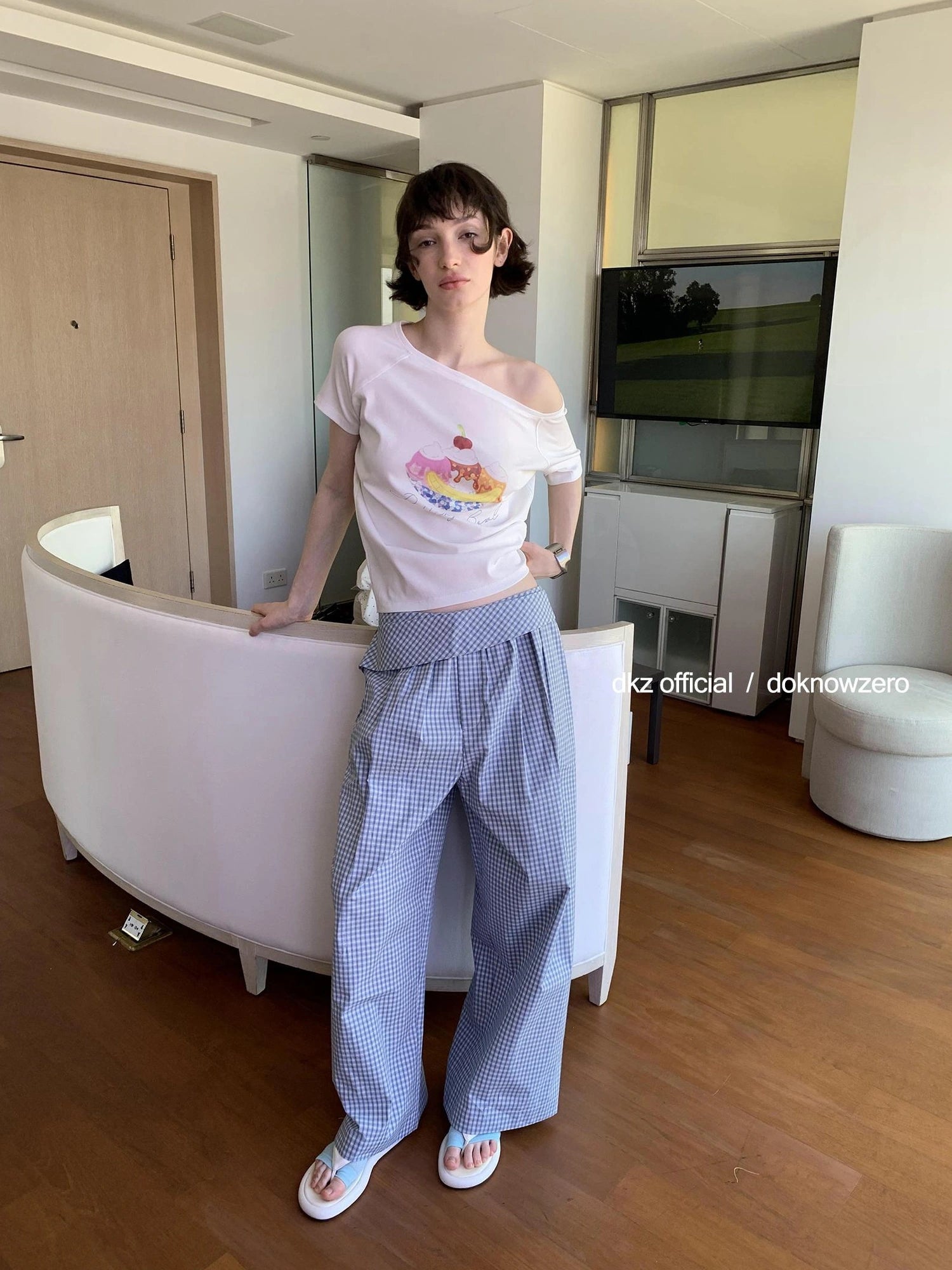 DKZ OFFICIAL Blue Checkered Wide Leg Trousers With Tie Waist