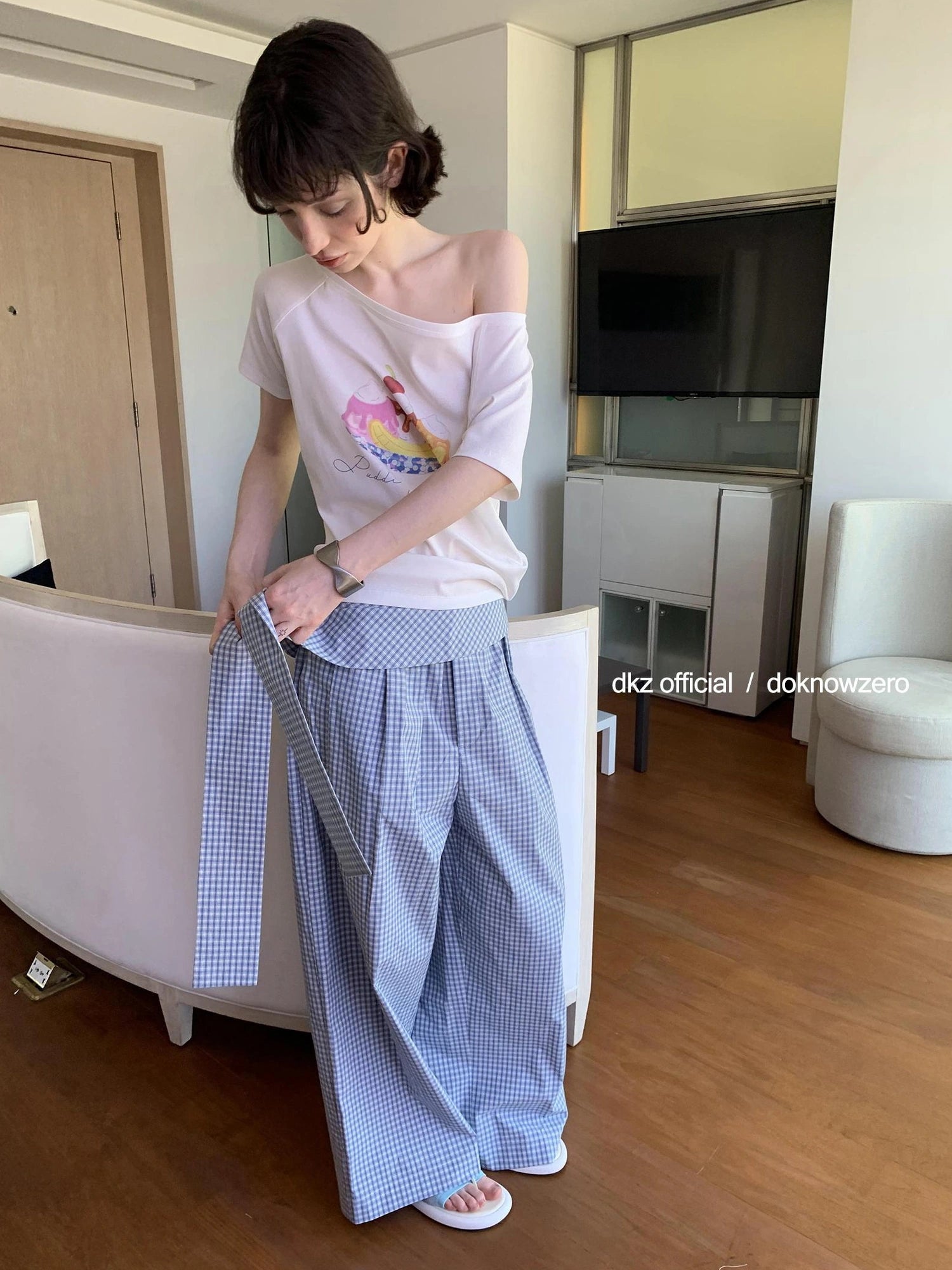 DKZ OFFICIAL Blue Checkered Wide Leg Trousers With Tie Waist