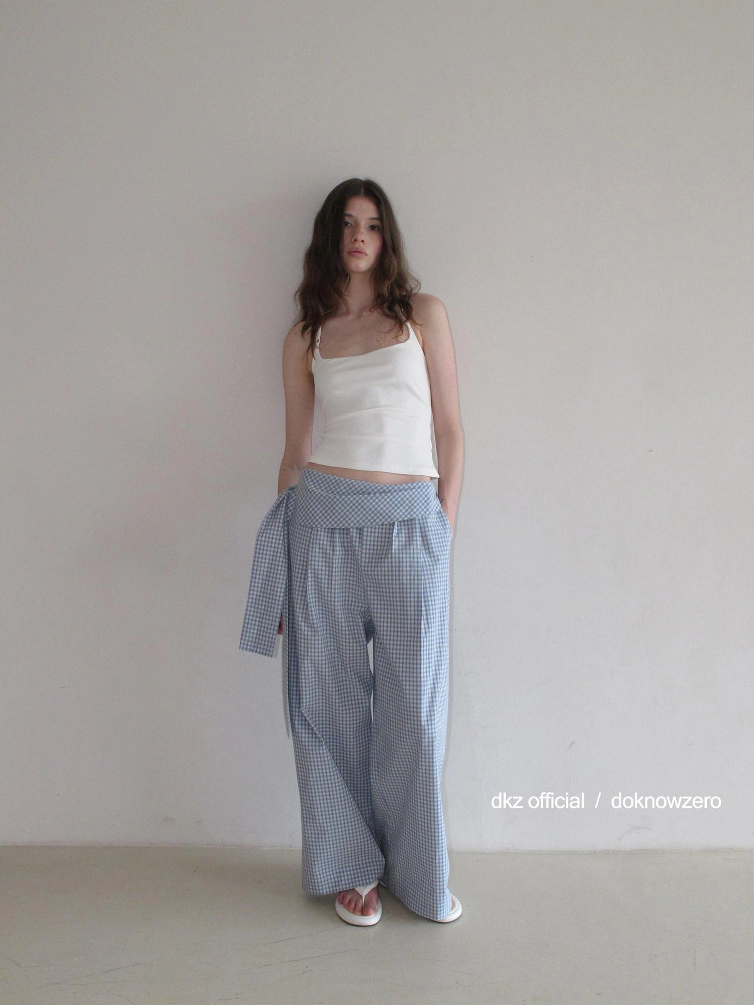 DKZ OFFICIAL Blue Checkered Wide Leg Trousers With Tie Waist