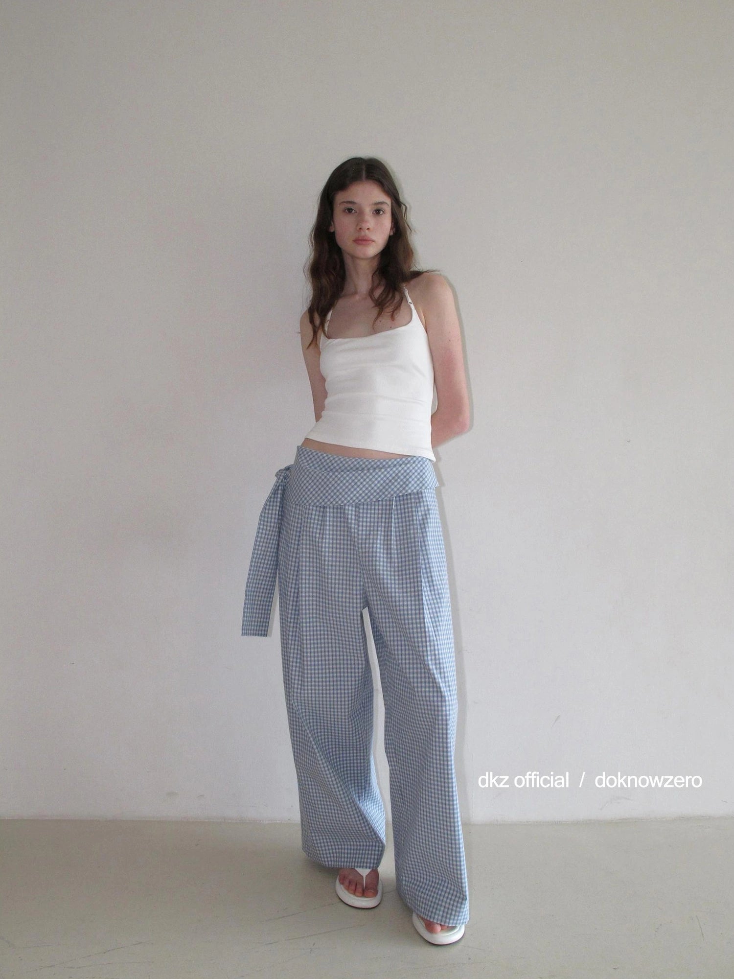 DKZ OFFICIAL Blue Checkered Wide Leg Trousers With Tie Waist