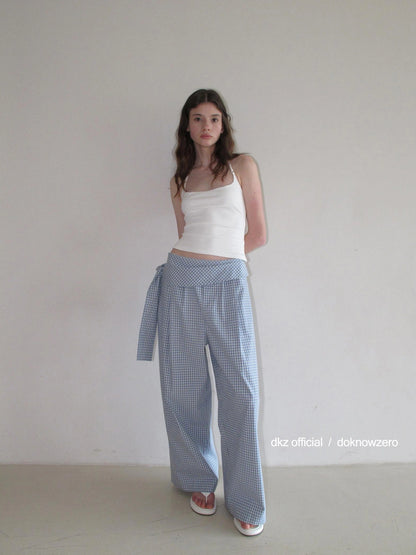DKZ OFFICIAL Blue Checkered Wide Leg Trousers With Tie Waist