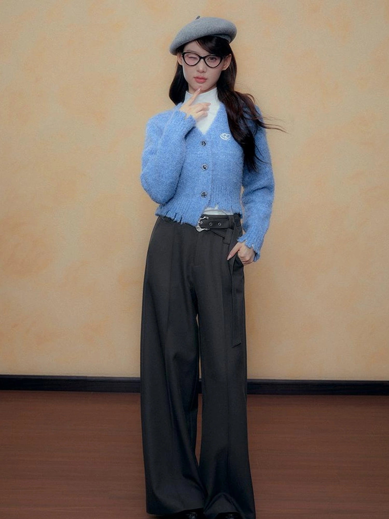 DKZ OFFICIAL Blue Cropped Distressed Knit Cardigan