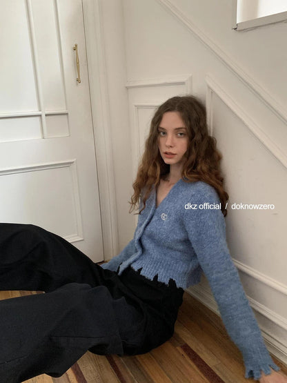 DKZ OFFICIAL Blue Cropped Distressed Knit Cardigan